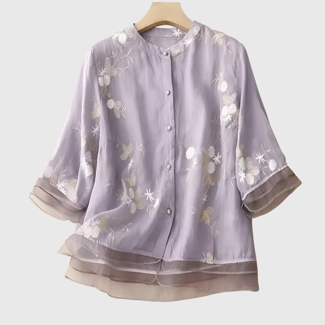 Women's Band Collar Three Quarter Sleeve Button Through Front Semi Sheer Scattered Floral Embroidered Relaxed Fit Blouse