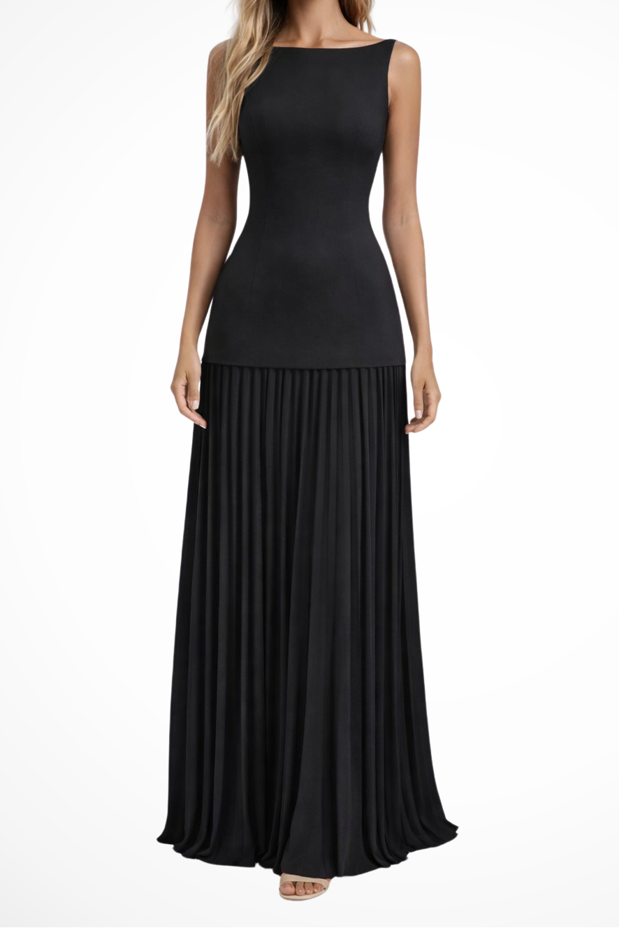 Women's Boat Neck Sleeveless Fitted Bodice Drop Waist Pleated Maxi Dress