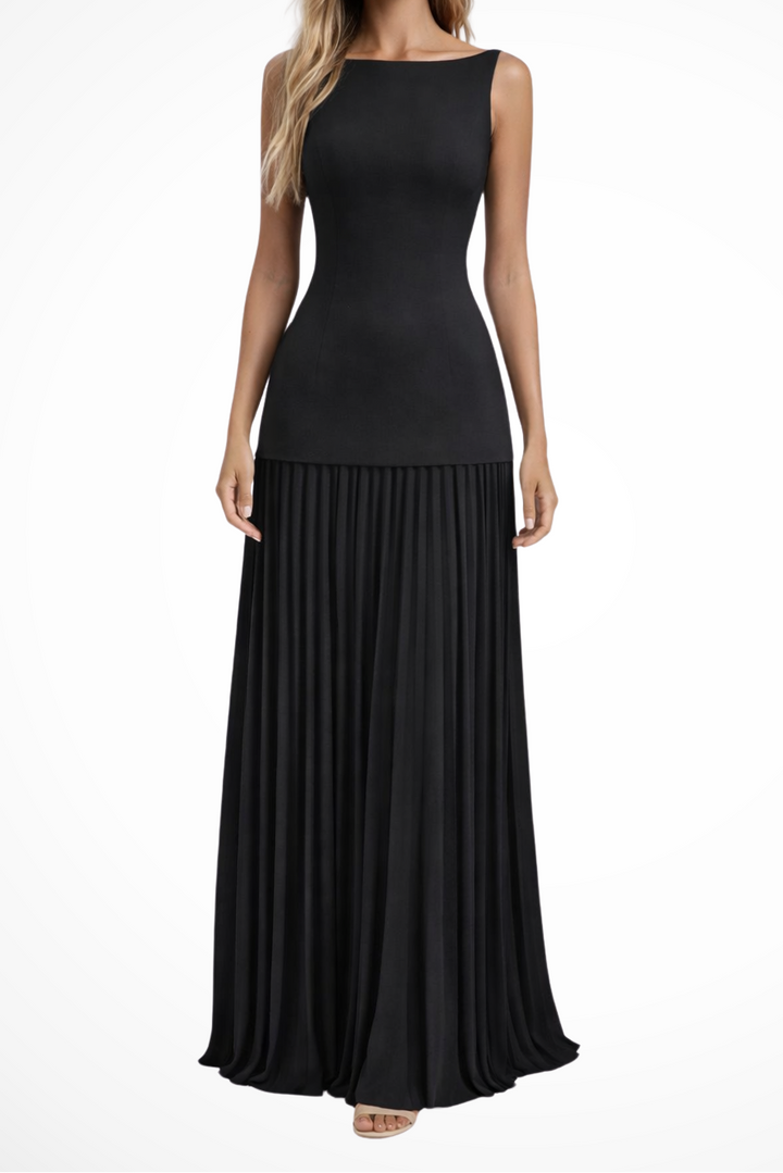 Women's Boat Neck Sleeveless Fitted Bodice Drop Waist Pleated Maxi Dress