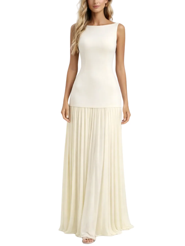 Women's Boat Neck Sleeveless Fitted Bodice Drop Waist Pleated Maxi Dress