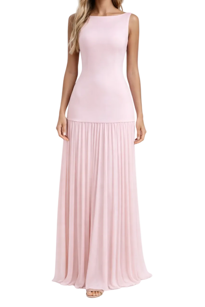 Women's Boat Neck Sleeveless Fitted Bodice Drop Waist Pleated Maxi Dress