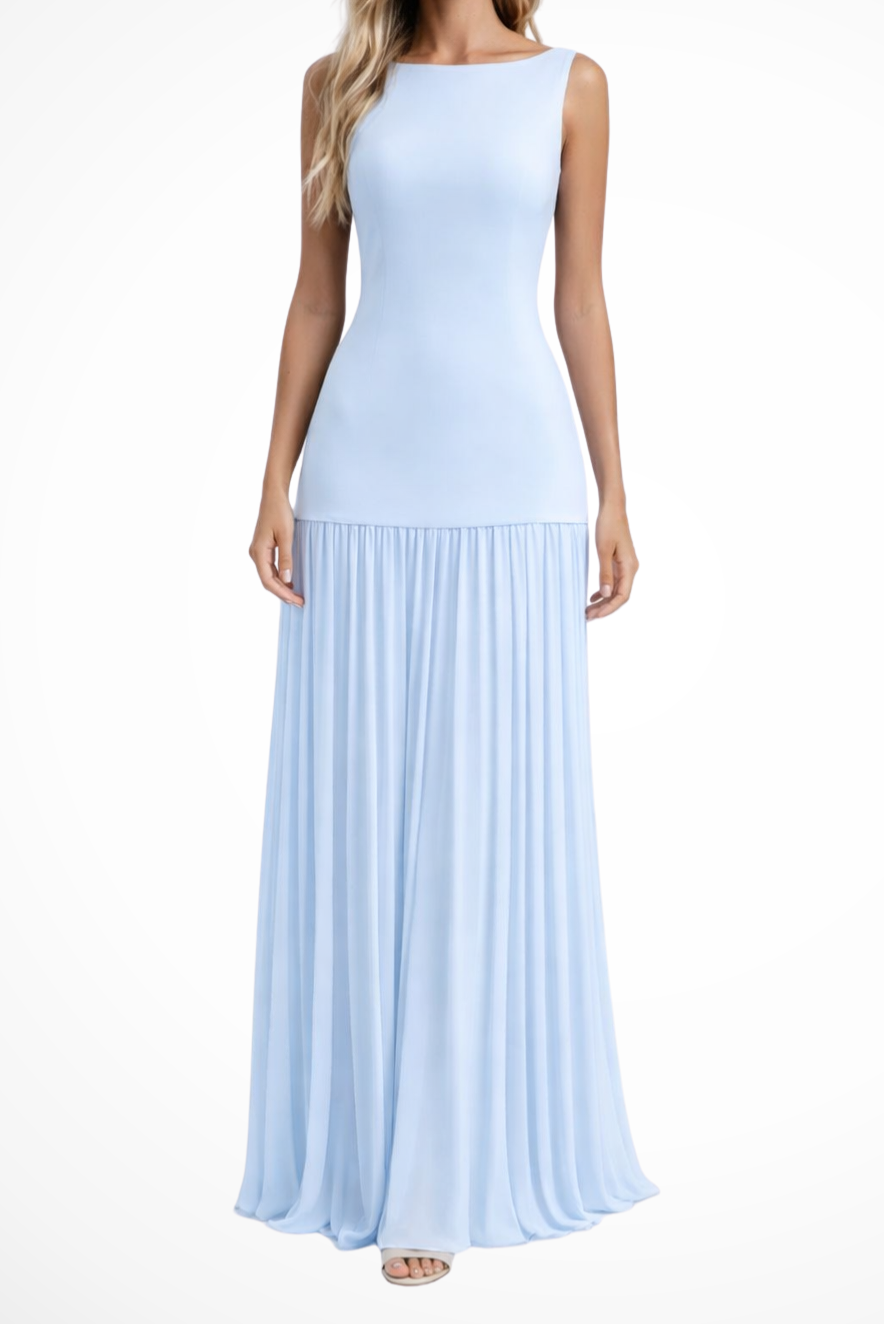 Women's Boat Neck Sleeveless Fitted Bodice Drop Waist Pleated Maxi Dress
