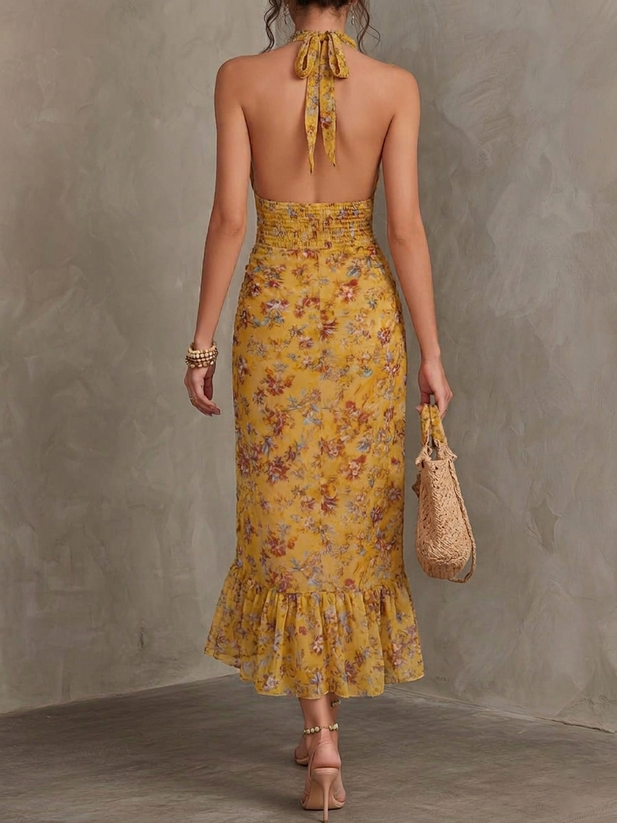 Women's Boho All Over Floral Print Halter Neck Openwork Edge Trim Deep V Neck Smocked Waist Ruffle Asymmetric High Low Midi Dress