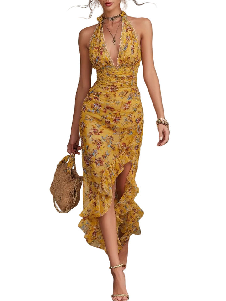 Women's Boho All Over Floral Print Halter Neck Openwork Edge Trim Deep V Neck Smocked Waist Ruffle Asymmetric High Low Midi Dress