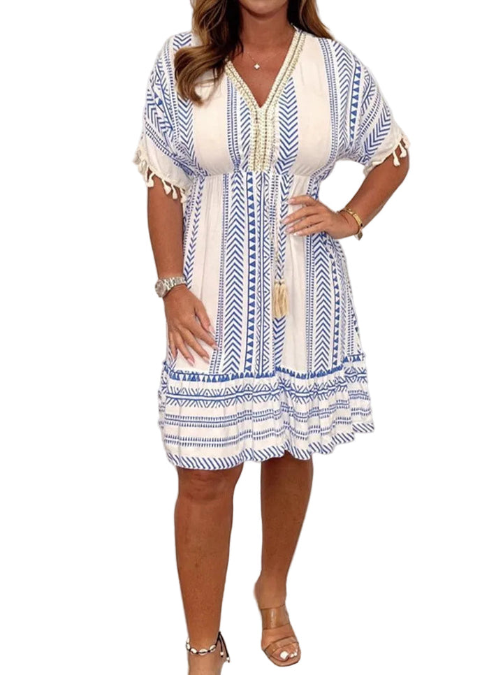 Women's Boho Aztec Geometric Print V Neck Tassel Tie Neckline Tassel Cuff Batwing Sleeve Elastic Waist Mini Dress