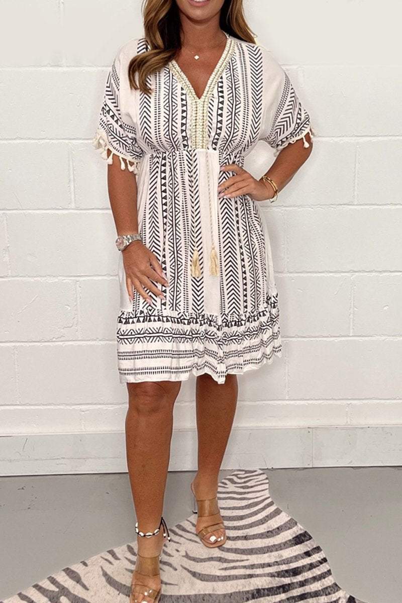 Women's Boho Aztec Geometric Print V Neck Tassel Tie Neckline Tassel Cuff Batwing Sleeve Elastic Waist Mini Dress