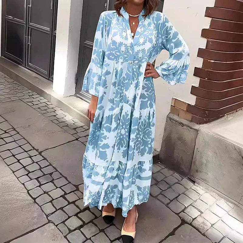 Women's Boho Baroque Floral Medallion Print Band Collar Button Front Balloon Long Sleeve Gathered Waist Tiered Maxi Dress Boho Maxi Dress