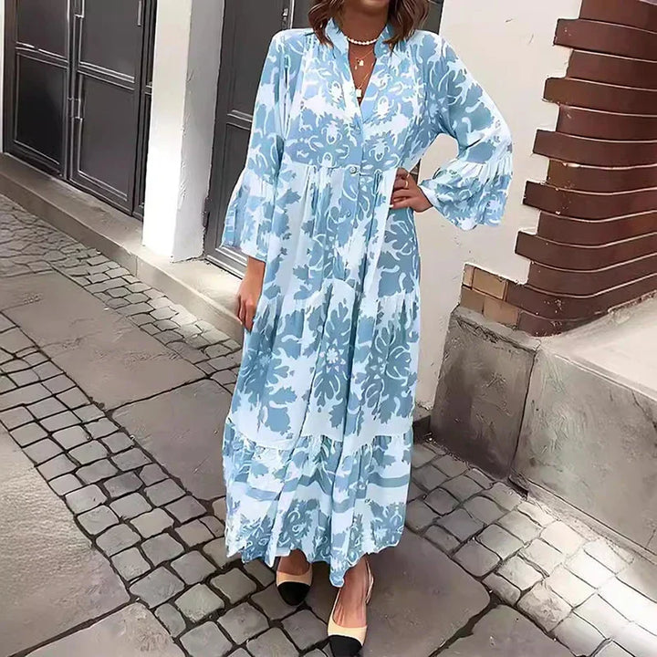 Women's Boho Baroque Floral Medallion Print Band Collar Button Front Balloon Long Sleeve Gathered Waist Tiered Maxi Dress Boho Maxi Dress