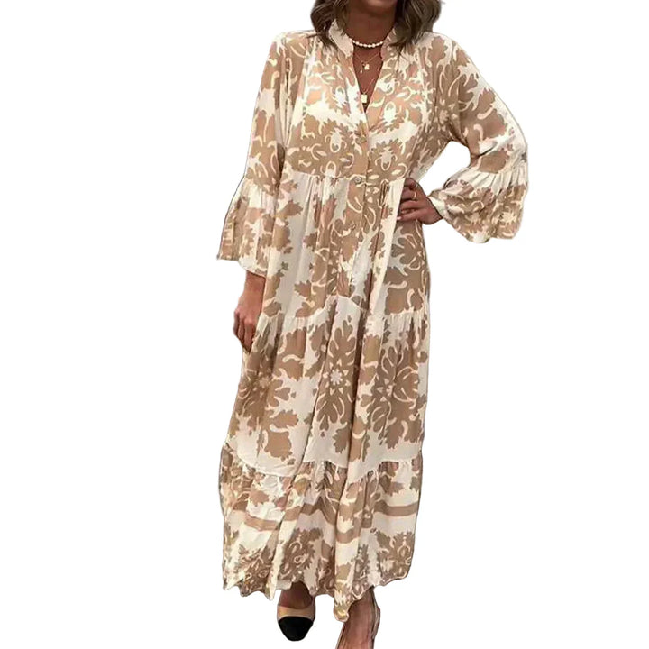 Women's Boho Baroque Floral Medallion Print Band Collar Button Front Balloon Long Sleeve Gathered Waist Tiered Maxi Dress Boho Maxi Dress