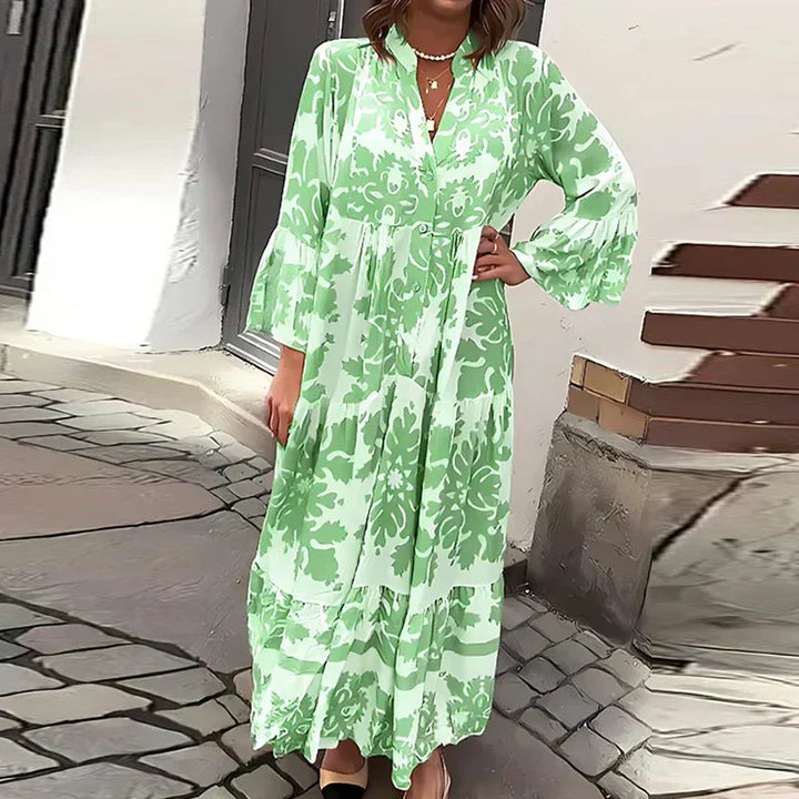 Women's Boho Baroque Floral Medallion Print Band Collar Button Front Balloon Long Sleeve Gathered Waist Tiered Maxi Dress Boho Maxi Dress
