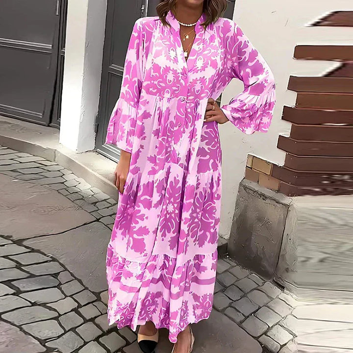 Women's Boho Baroque Floral Medallion Print Band Collar Button Front Balloon Long Sleeve Gathered Waist Tiered Maxi Dress Boho Maxi Dress