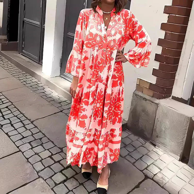 Women's Boho Baroque Floral Medallion Print Band Collar Button Front Balloon Long Sleeve Gathered Waist Tiered Maxi Dress Boho Maxi Dress