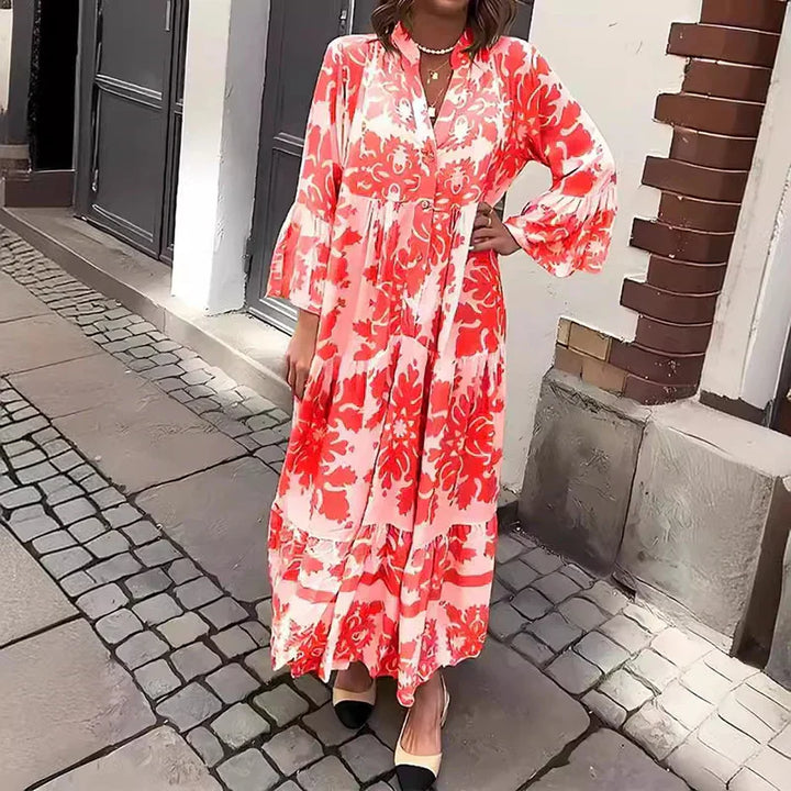 Women's Boho Baroque Floral Medallion Print Band Collar Button Front Balloon Long Sleeve Gathered Waist Tiered Maxi Dress Boho Maxi Dress