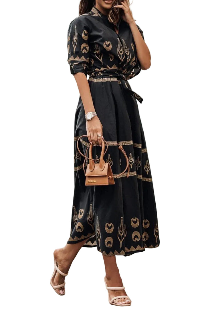 Women's Boho Celestial Geometric Print Band Collar Button Front Three Quarter Sleeve Elasticized Belted A Line Midi Dress Boho Dress