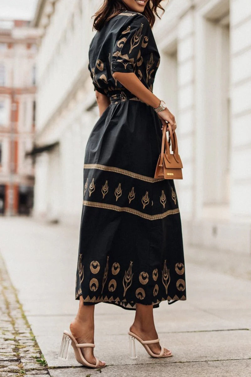 Women's Boho Celestial Geometric Print Band Collar Button Front Three Quarter Sleeve Elasticized Belted A Line Midi Dress Boho Dress