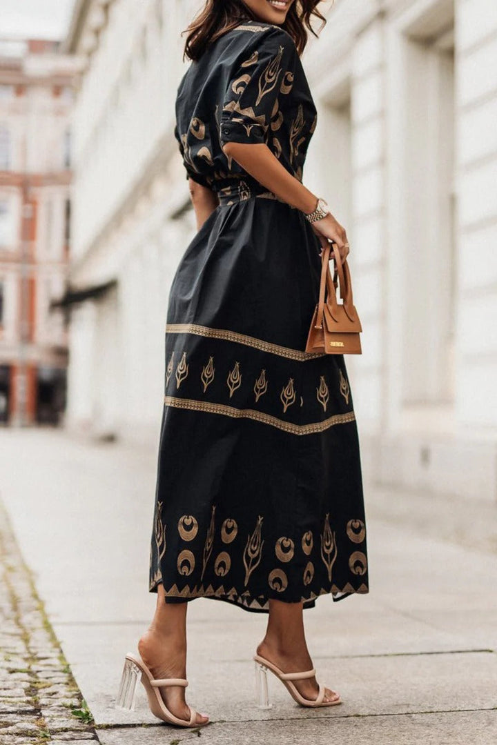 Women's Boho Celestial Geometric Print Band Collar Button Front Three Quarter Sleeve Elasticized Belted A Line Midi Dress Boho Dress