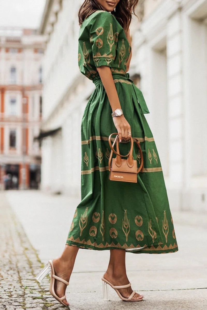 Women's Boho Celestial Geometric Print Band Collar Button Front Three Quarter Sleeve Elasticized Belted A Line Midi Dress Boho Dress