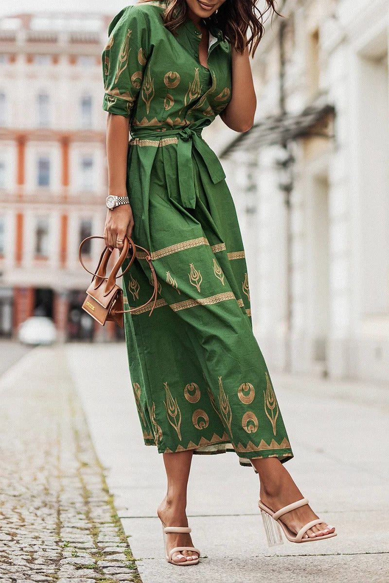 Women's Boho Celestial Geometric Print Band Collar Button Front Three Quarter Sleeve Elasticized Belted A Line Midi Dress Boho Dress