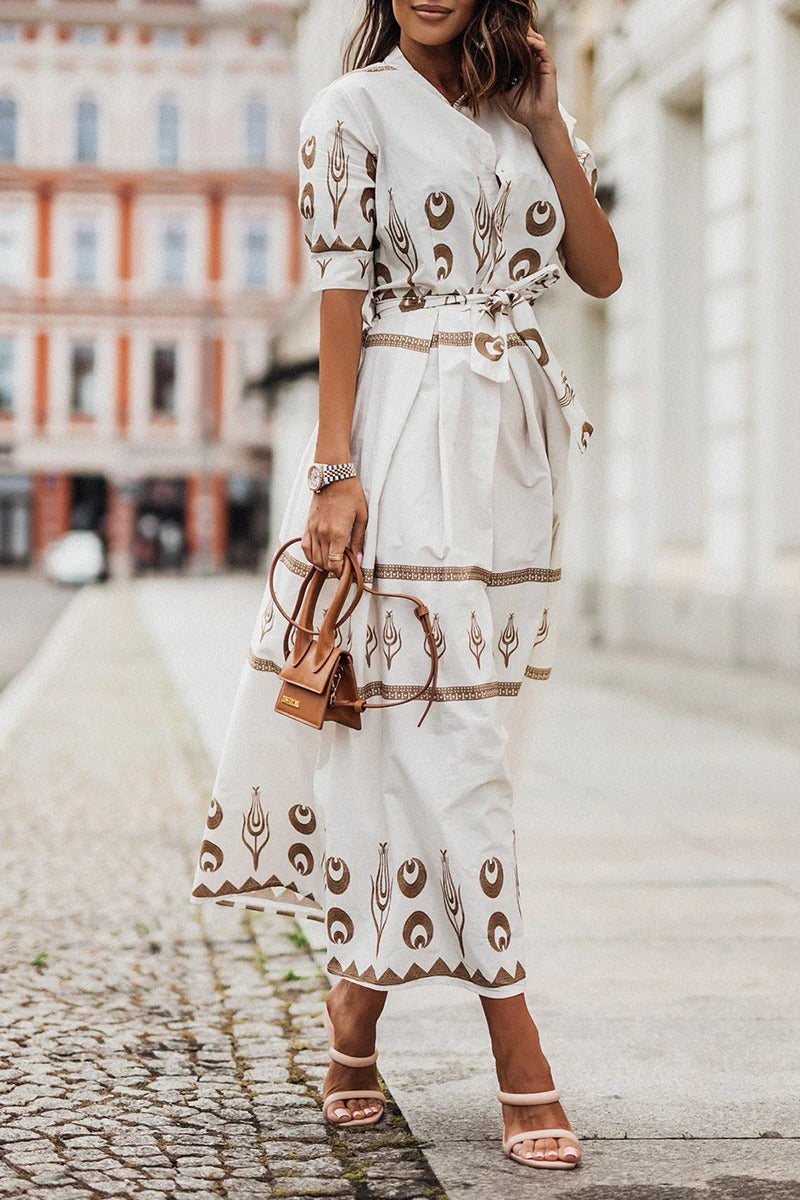Women's Boho Celestial Geometric Print Band Collar Button Front Three Quarter Sleeve Elasticized Belted A Line Midi Dress Boho Dress