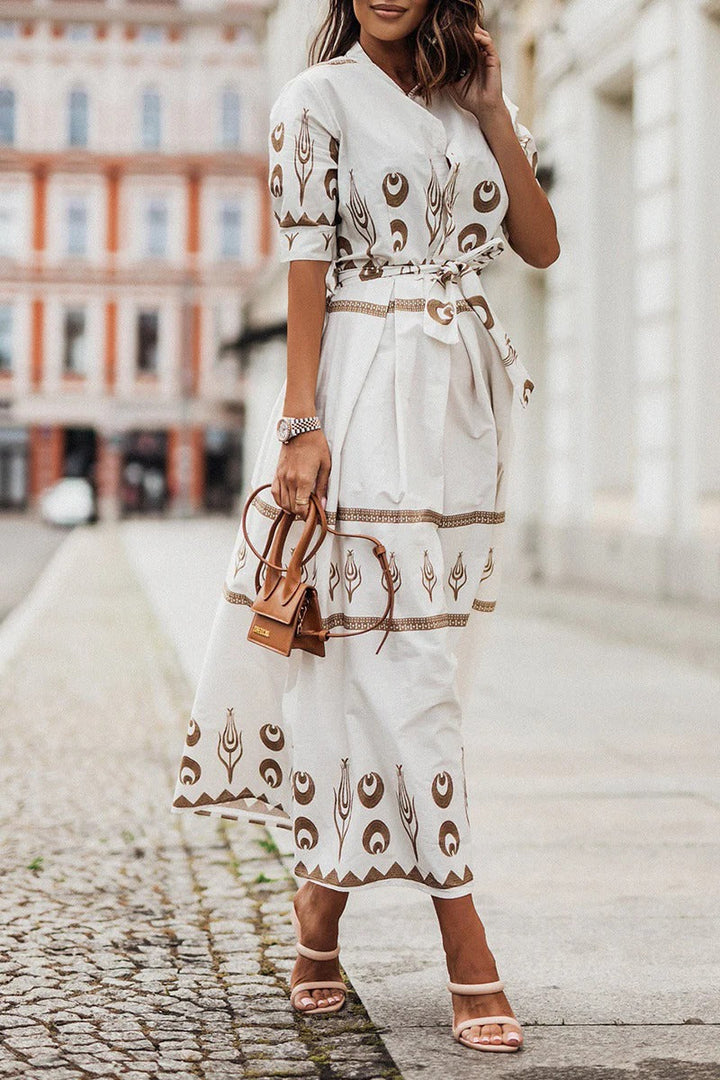 Women's Boho Celestial Geometric Print Band Collar Button Front Three Quarter Sleeve Elasticized Belted A Line Midi Dress Boho Dress
