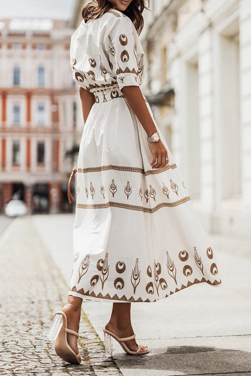 Women's Boho Celestial Geometric Print Band Collar Button Front Three Quarter Sleeve Elasticized Belted A Line Midi Dress Boho Dress