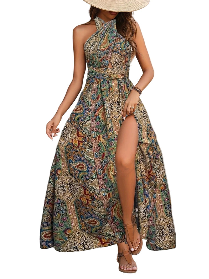 Women's Boho Cross Front Halter Neck Tapestry Paisley Print Maxi Dress with High Side Split