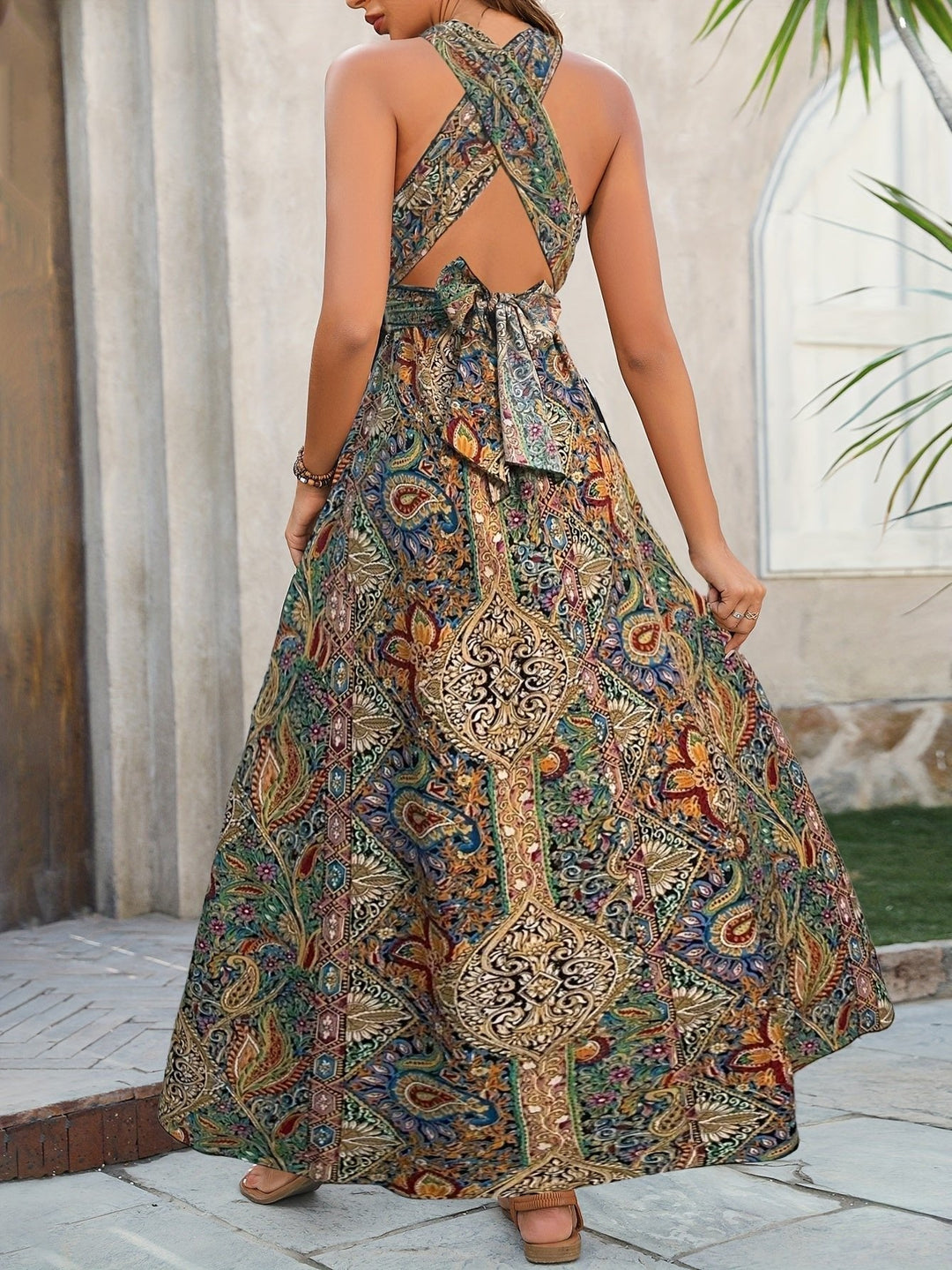 Women's Boho Cross Front Halter Neck Tapestry Paisley Print Maxi Dress with High Side Split