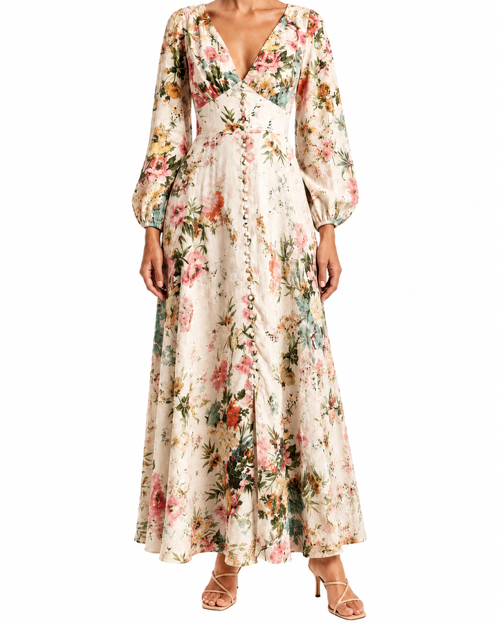 Women's Boho Deep V Neck Long Puff Blouson Sleeve Gathered Elastic Cuff Button Front Large Scale Floral Print A-Line Maxi Dress