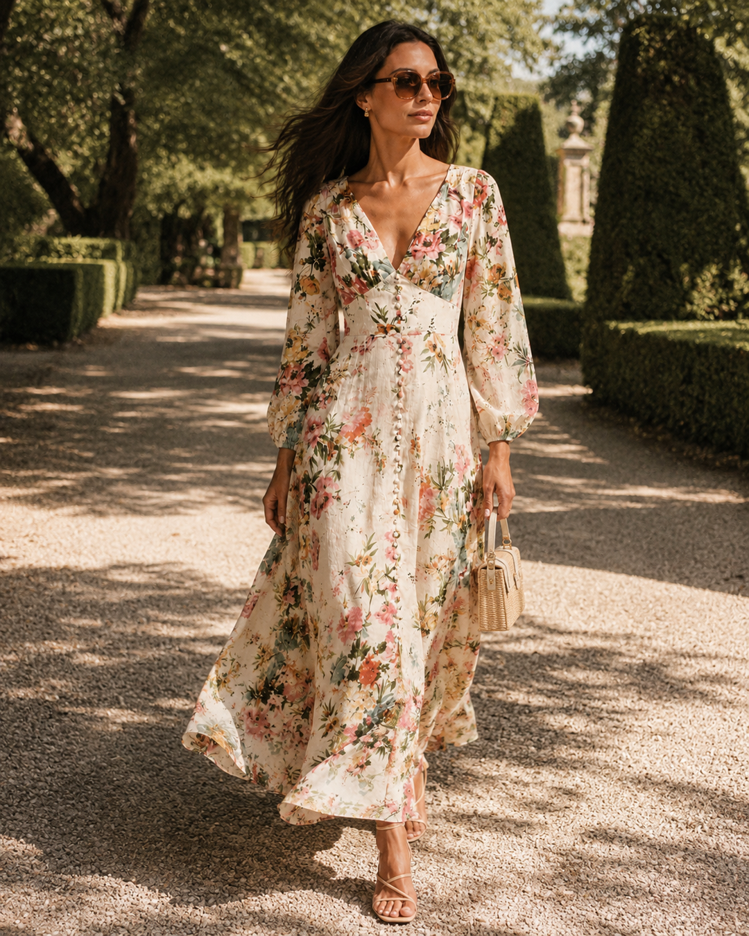Women's Boho Deep V Neck Long Puff Blouson Sleeve Gathered Elastic Cuff Button Front Large Scale Floral Print A-Line Maxi Dress