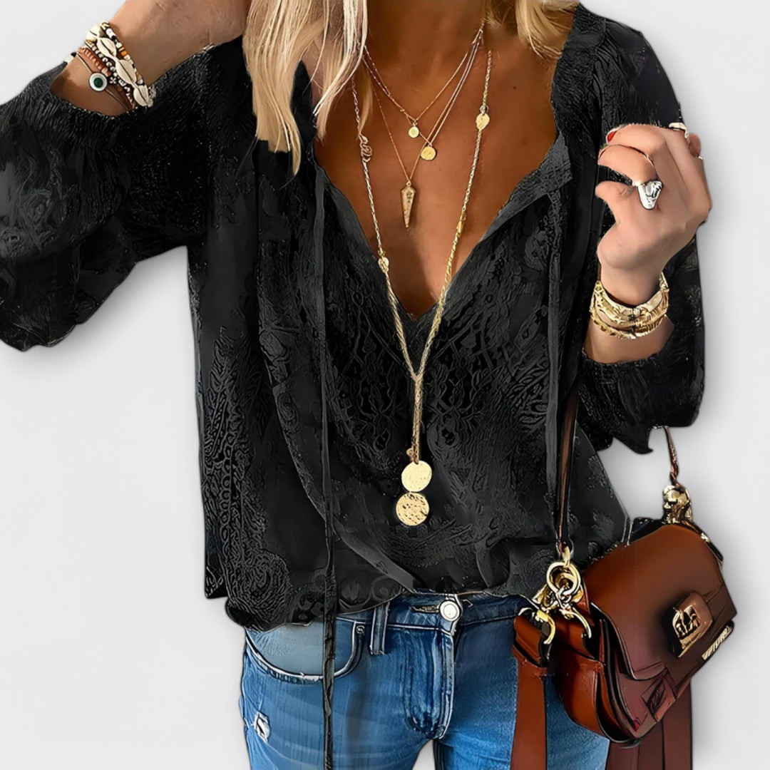 Women's Boho Deep V Neck Long Sleeve Top with Raised Floral Texture, Scalloped Trim and Ruffled Bell Cuffs