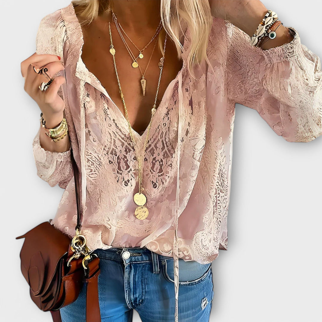 Women's Boho Deep V Neck Long Sleeve Top with Raised Floral Texture, Scalloped Trim and Ruffled Bell Cuffs