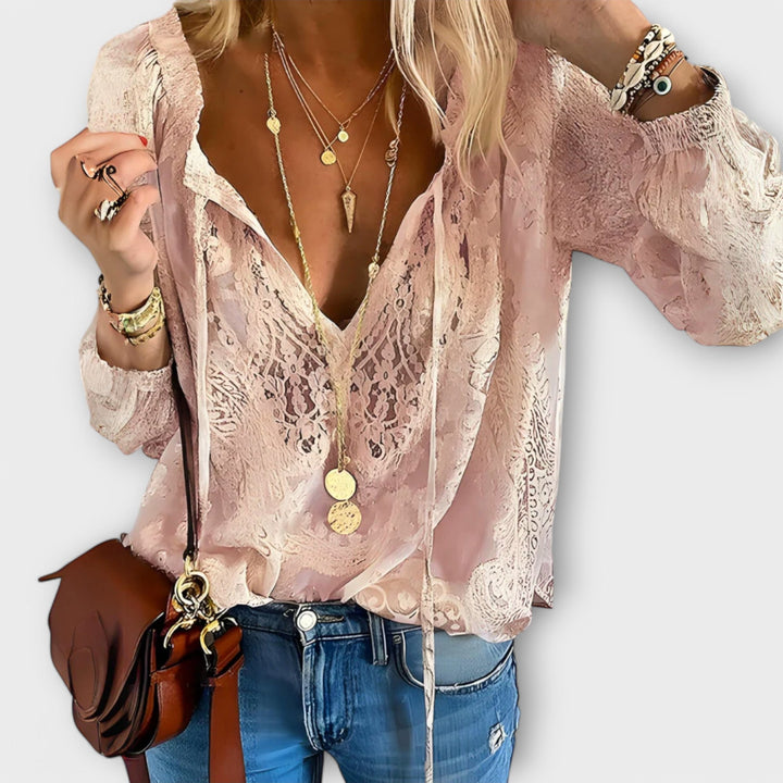 Women's Boho Deep V Neck Long Sleeve Top with Raised Floral Texture, Scalloped Trim and Ruffled Bell Cuffs