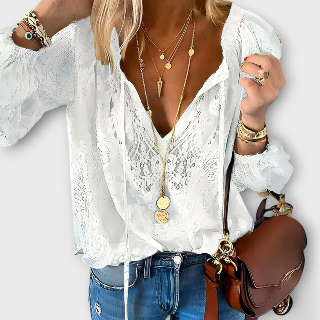 Women's Boho Deep V Neck Long Sleeve Top with Raised Floral Texture, Scalloped Trim and Ruffled Bell Cuffs