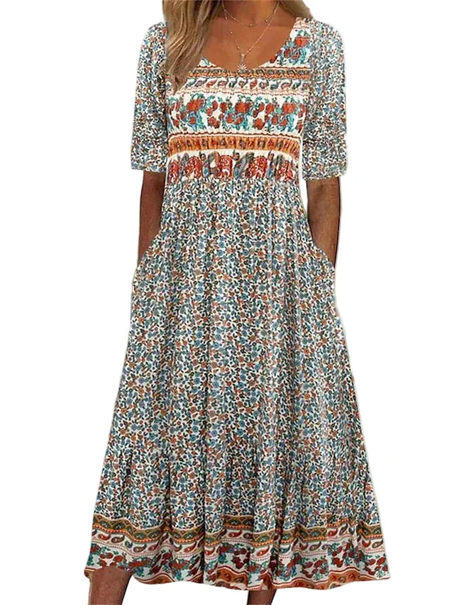 Women's Boho Ditsy Floral Mixed Border Print Square Neck Short Sleeve Gathered Waist Flowy A Line Midi Dress Floral Midi Dress
