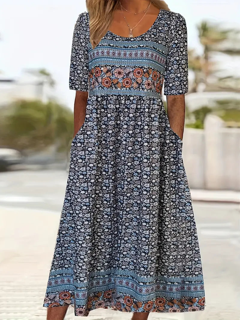 Women's Boho Ditsy Floral Mixed Border Print Square Neck Short Sleeve Gathered Waist Flowy A Line Midi Dress Floral Midi Dress