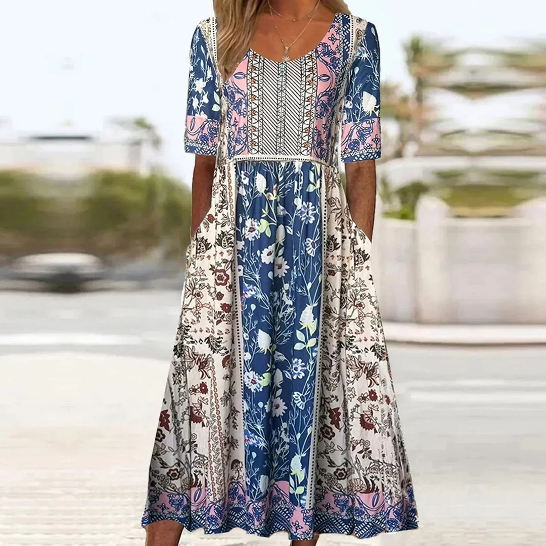 Women's Boho Ditsy Floral Mixed Border Print Square Neck Short Sleeve Gathered Waist Flowy A Line Midi Dress Floral Midi Dress