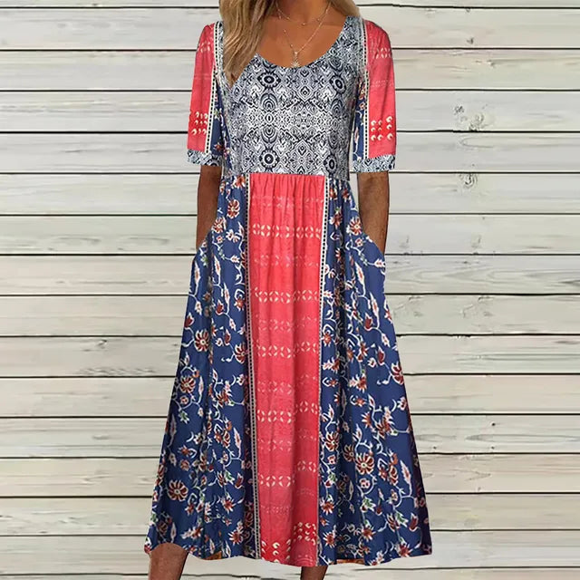 Women's Boho Ditsy Floral Mixed Border Print Square Neck Short Sleeve Gathered Waist Flowy A Line Midi Dress Floral Midi Dress