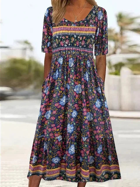 Women's Boho Ditsy Floral Mixed Border Print Square Neck Short Sleeve Gathered Waist Flowy A Line Midi Dress Floral Midi Dress