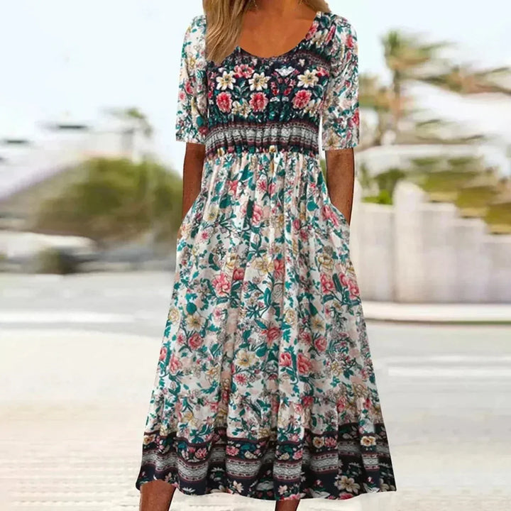 Women's Boho Ditsy Floral Mixed Border Print Square Neck Short Sleeve Gathered Waist Flowy A Line Midi Dress Floral Midi Dress