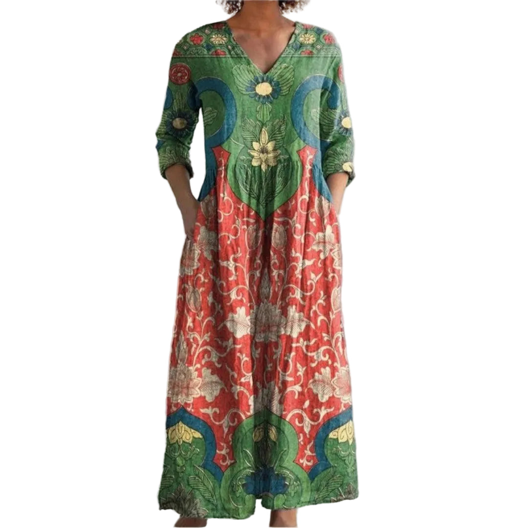 Women's Boho Ethnic Folk Art Print V Neck Maxi Dress with Multi-Panel Print Layout, Side Pockets and Three-Quarter Roll Sleeves