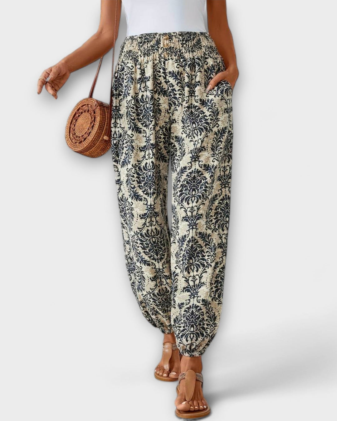 Women's Boho Ethnic Tribal Print High Waist Smocked Elasticized Waistband Harem Loose Leg Elasticized Ankle Cuff Pants Boho Pants