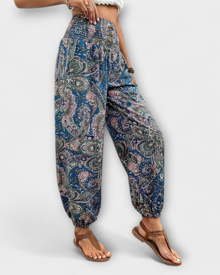 Women's Boho Ethnic Tribal Print High Waist Smocked Elasticized Waistband Harem Loose Leg Elasticized Ankle Cuff Pants Boho Pants