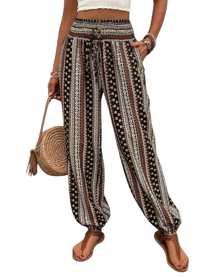 Women's Boho Ethnic Tribal Print High Waist Smocked Elasticized Waistband Harem Loose Leg Elasticized Ankle Cuff Pants Boho Pants