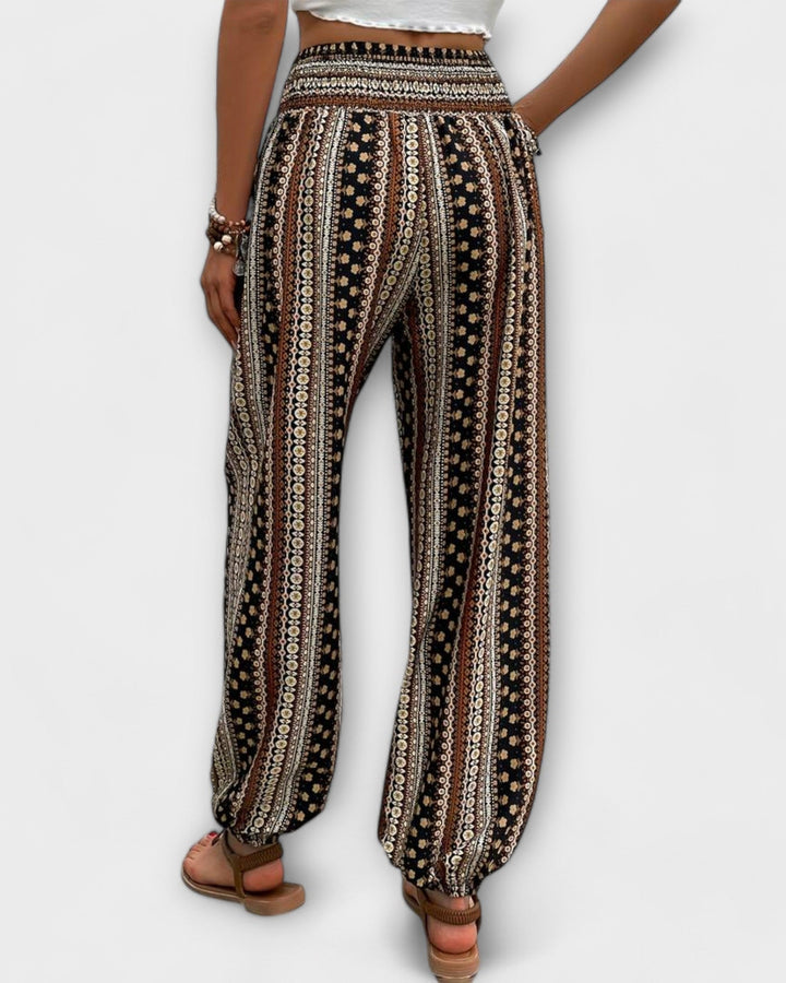 Women's Boho Ethnic Tribal Print High Waist Smocked Elasticized Waistband Harem Loose Leg Elasticized Ankle Cuff Pants Boho Pants