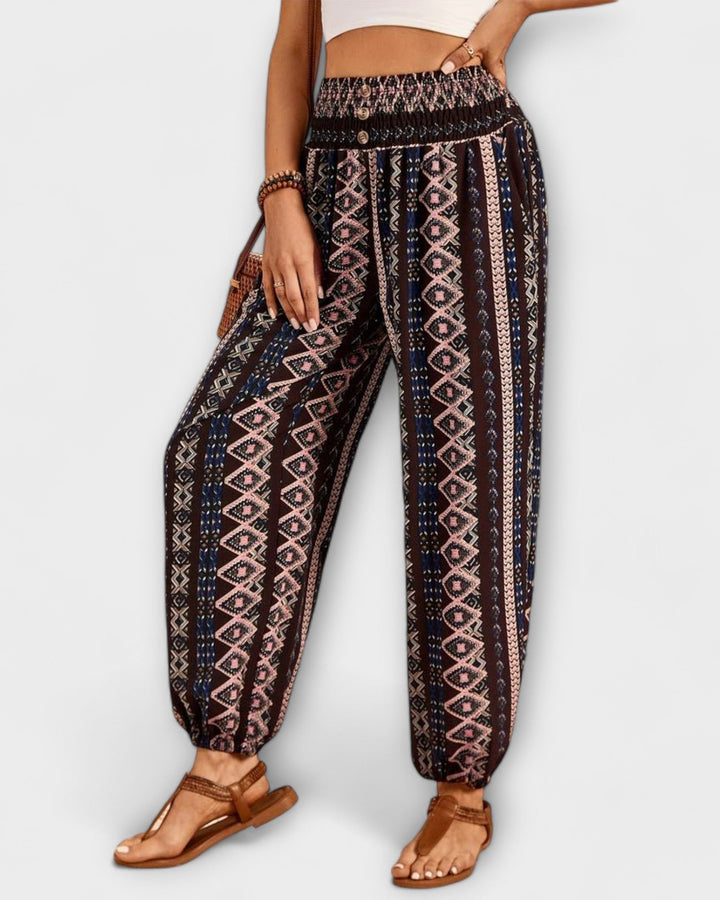 Women's Boho Ethnic Tribal Print High Waist Smocked Elasticized Waistband Harem Loose Leg Elasticized Ankle Cuff Pants Boho Pants