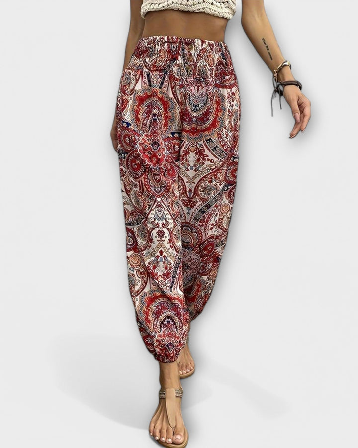 Women's Boho Ethnic Tribal Print High Waist Smocked Elasticized Waistband Harem Loose Leg Elasticized Ankle Cuff Pants Boho Pants