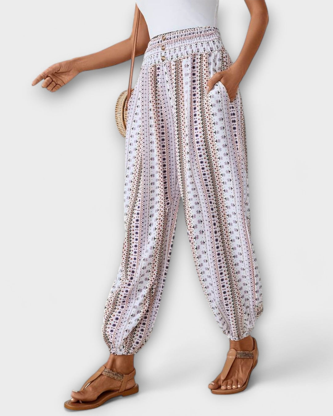 Women's Boho Ethnic Tribal Print High Waist Smocked Elasticized Waistband Harem Loose Leg Elasticized Ankle Cuff Pants Boho Pants