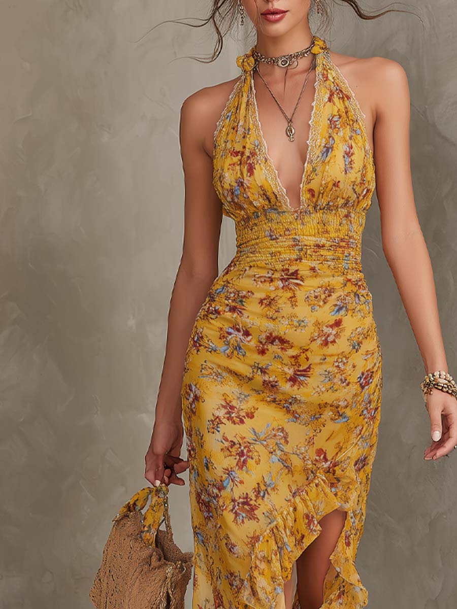 Women's Boho Floral Print Halter Neck Deep V Neck Smocked Waist Wrap Skirt Asymmetric Ruffle Hem Midi Dress