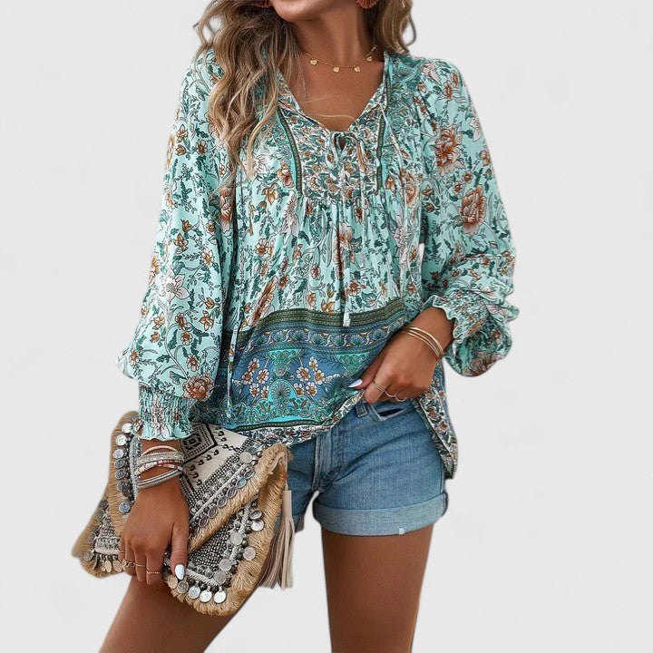 Women's Boho Floral Print Long Sleeve Peasant Top with Tie Neckline, Smocked Cuffs and Botanical Border Hem