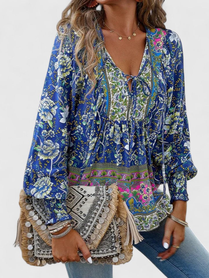 Women's Boho Floral Print Long Sleeve Peasant Top with Tie Neckline, Smocked Cuffs and Botanical Border Hem